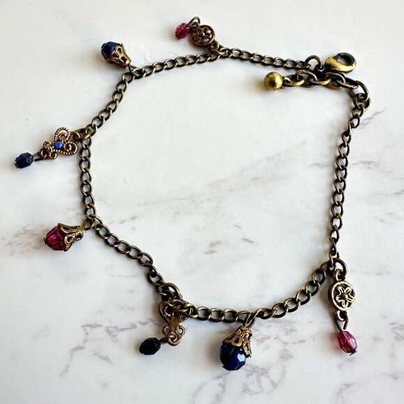 Brass Chain Ankle Bracelet With Red & Blue Glass Dangles Adjustable 7-9 Inches - Picture 1 of 7